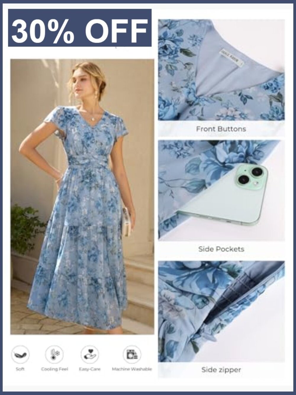 Semi Formal Maxi Dress with Pockets Floral V-Neck Ruffle Sleeve Flowy - Picture 3 of 7
